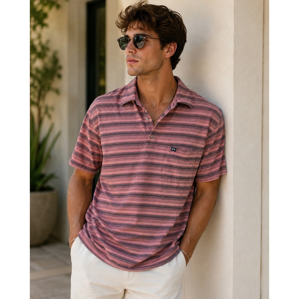Fish Hippie Co. Men's Large Pima Cotton Striped Polo Shirt Coral Navy
